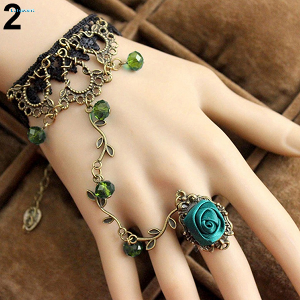 Lilyscent Retro Gothic Wanita Renda Bunga Tangan Budak Harness Gelang Rantai Cincin Perhiasan