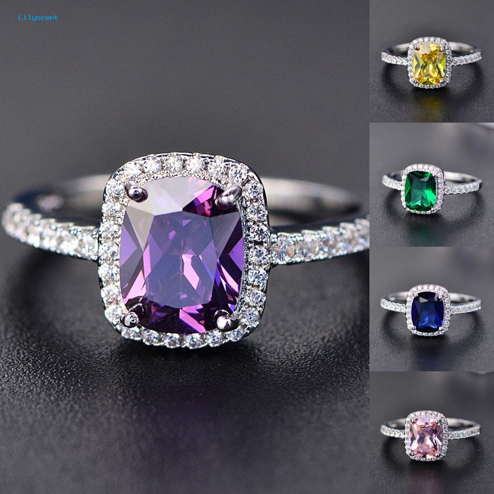 Lilyscent Stylish Square Faux Gemstone Berlian Imitasi Bertatahkan Cincin Pertunangan Lamaran Band