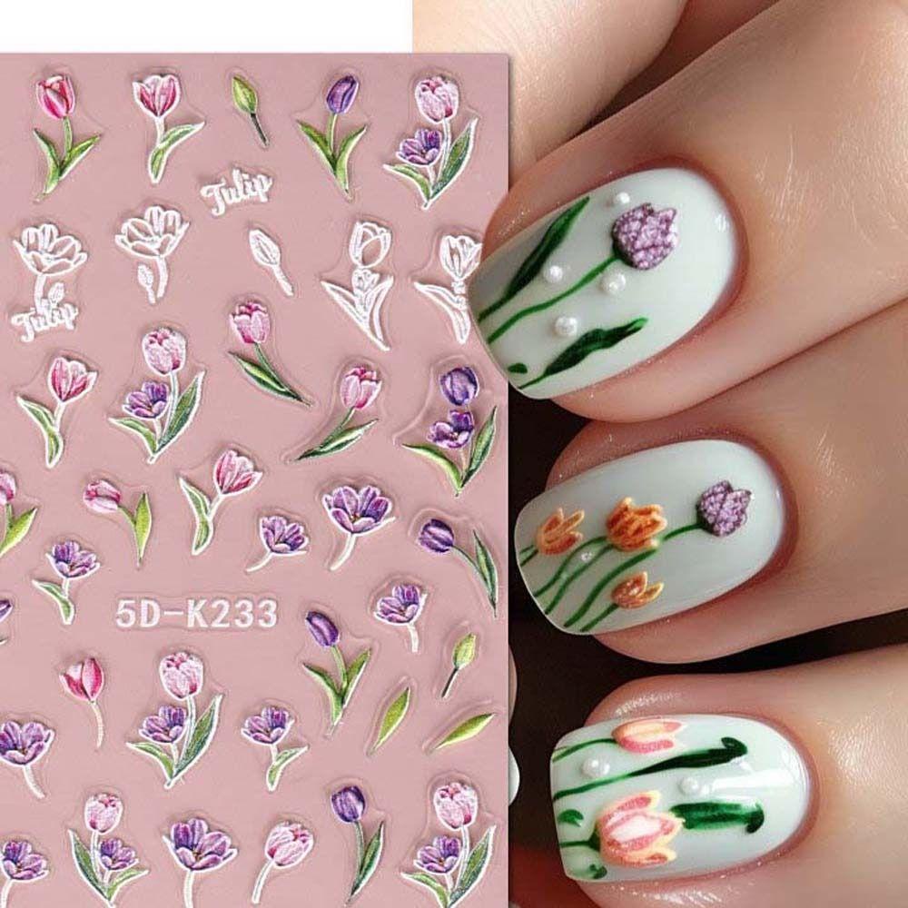 Needway Bunga Stiker Kuku 5d Relief Fashion Daun Tulip Self Adhesive Nail Dekorasi