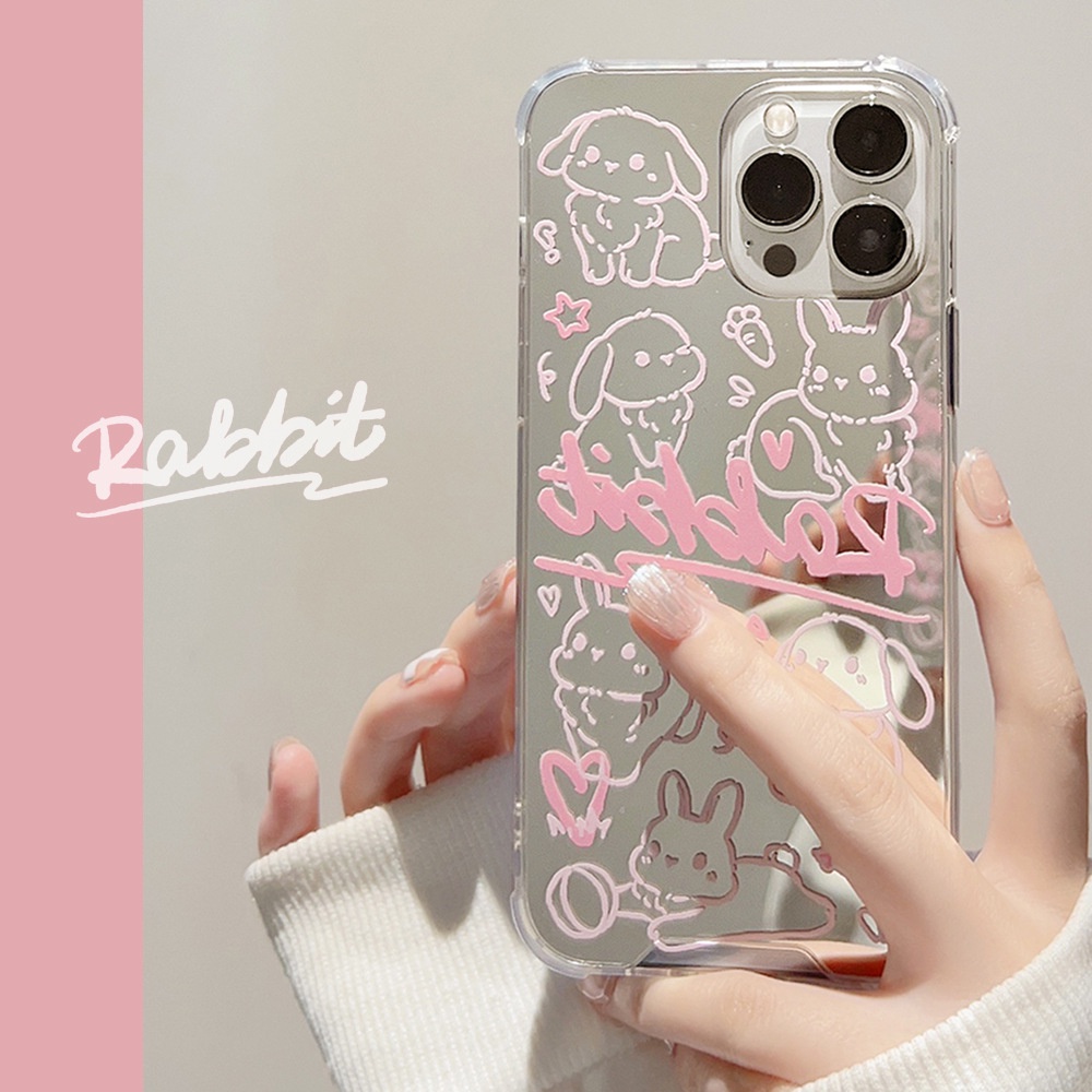 Ins Lucu Graffiti Kelinci Kartun Make Up Cermin Silikon Case Untuk Iphone SE 2020 7 /8 Plus 14x XR XM 11 12 MINI 13 PRO MAX Casing Cover Pelindung AT0116