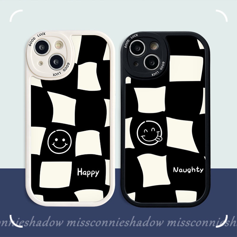 IPHONE Casing Pasangan Wajah Senyum Lucu Kotak-Kotak Hitam Putih Sederhana Kompatibel Untuk Iphone7Plus Xr11 12 14 13 Pro Max7 8 6 6s 14 Plus X XS MAX SE 2020 Lembut TPU Penutup Belakang