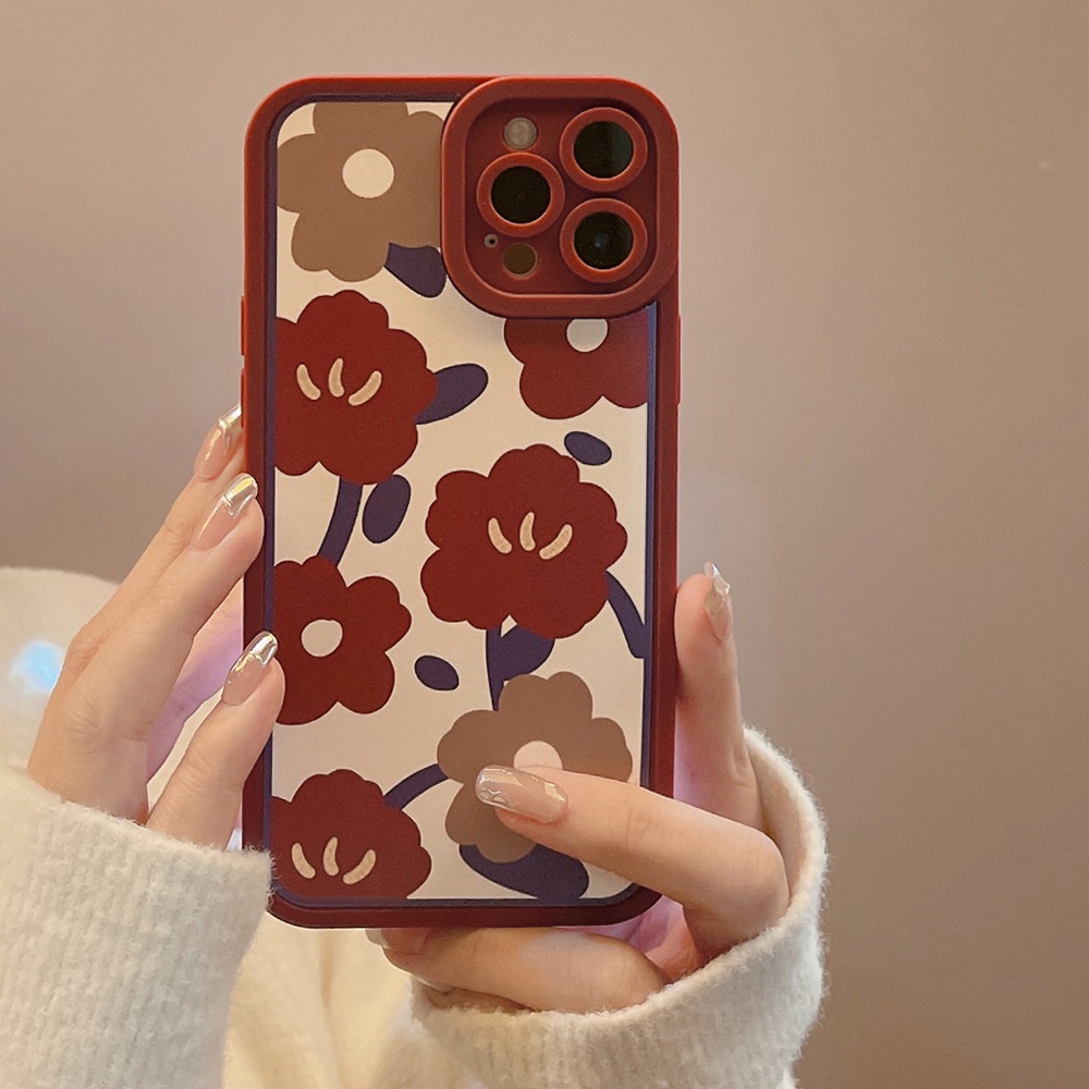 IPHONE [Mata Kucing] Soft Case TPU Anti Slip Untuk Iphone7Plus8 Plus X XS XR XS Max11 13 12 14 PRO Max 14 Plus Ins Fashion Wanita Anggur Bunga Merah