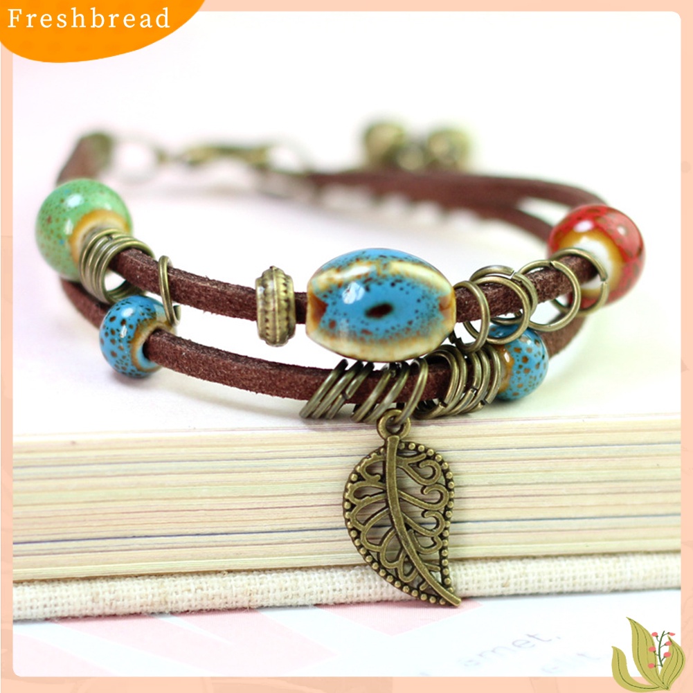 &lt; Freshbread &gt; Bohemian Wanita Double Layer Leaf Charm Ceramics Beads Gelang Tali Kulit Imitasi