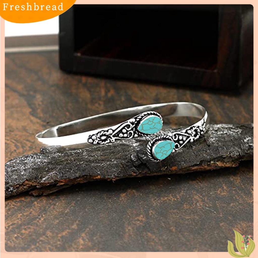 &lt; Freshbread &gt; Gelang Pergelangan Tangan Buatan Tangan Pembukaan Adjustable Retro Tetesan Air Berbentuk Dekorasi Hias Kepribadian Faux Moonstone Turquoise Cuff Bangle Perhiasan Aksesori