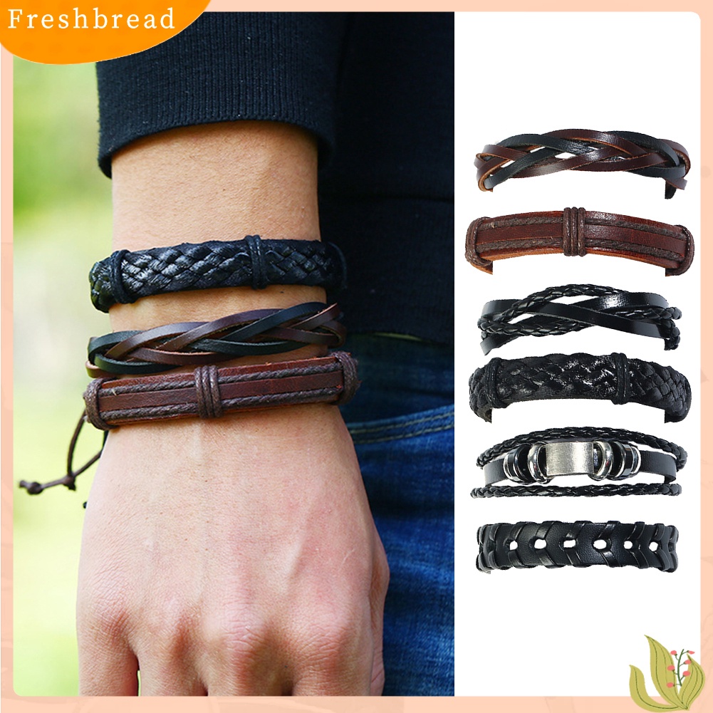 &lt; Freshbread &gt; 6Pcs Retro Multilayer Braided Tali Kulit Pria Gelang Set Bangle Perhiasan