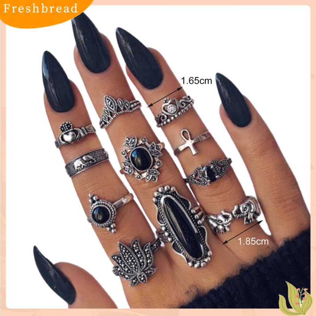 &lt; Freshbread &gt; 11 /13 /15Pcs Cincin Buku Jari Ukir Bunga Dapat Ditumpuk Alloy Bohemia Hitam Faux Permata Jari Rings Perhiasan Aksesori