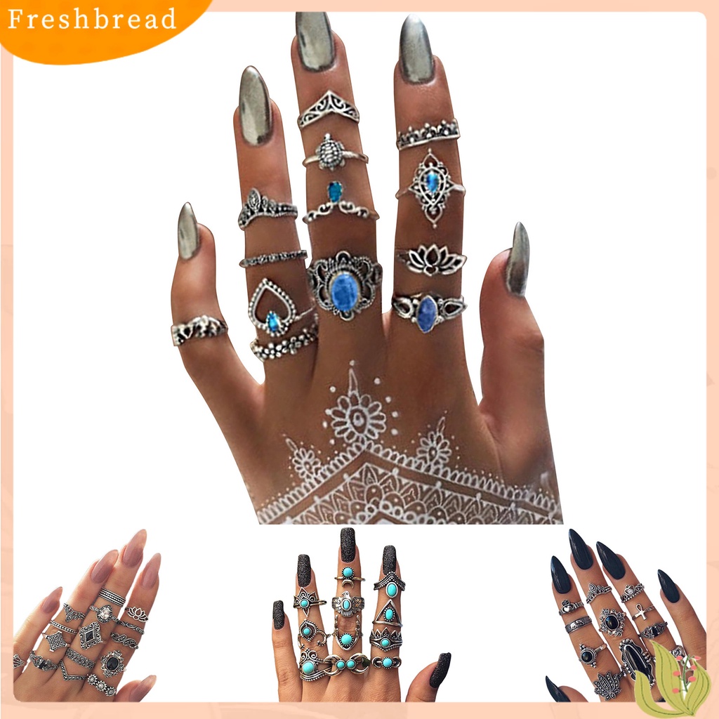 &lt; Freshbread &gt; 11 /13 /15Pcs Cincin Buku Jari Ukir Bunga Dapat Ditumpuk Alloy Bohemia Hitam Faux Permata Jari Rings Perhiasan Aksesori