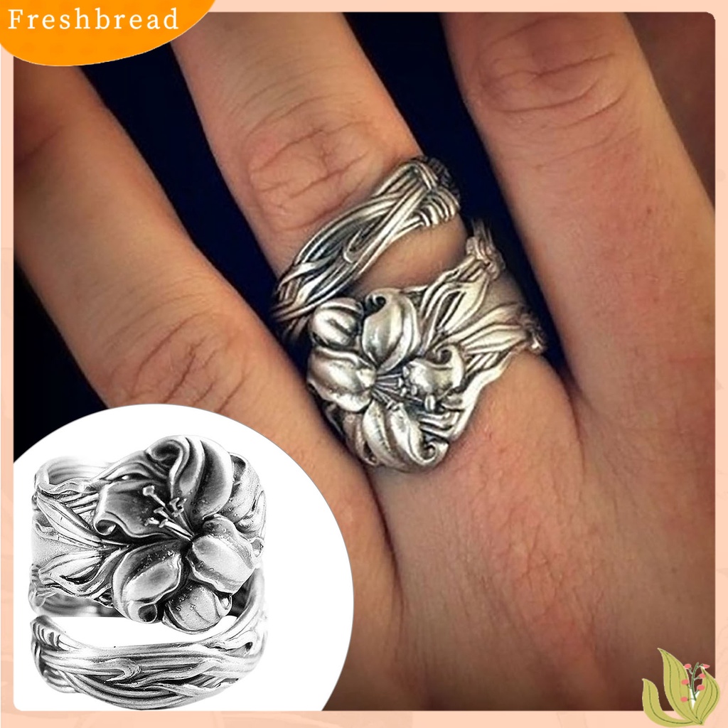 &lt; Freshbread &gt; Adjustable All-matched Warna Perak Wanita Cincin Buatan Tangan Ukir Bunga Pembukaan Cincin Perhiasan Alat Ekstra