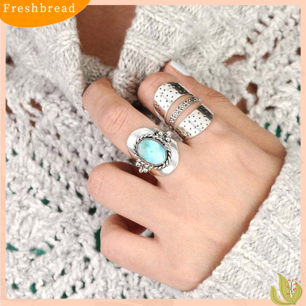 &lt; Freshbread &gt; Jari Cincin Boho Vintage Rim Lebar Geometris Electroplating Hias Hadiah Pria Wanita Hijau Perhiasan Cincin Koktail Permata Imitasi Untuk Pakaian Sehari-Hari