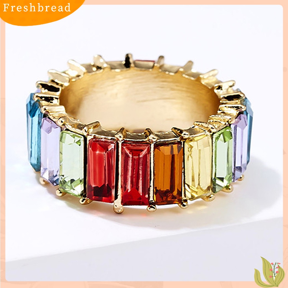 &lt; Freshbread &gt; Wanita Persegi Panjang Pelangi Berlian Imitasi Bertatahkan Jari Cincin Pesta Perhiasan Aksesori