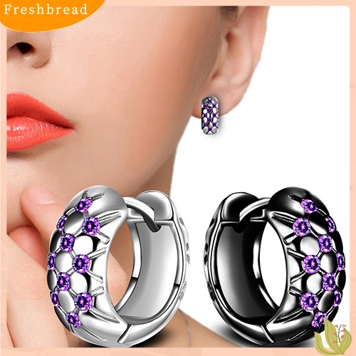 &lt; Freshbread &gt; Wanita Elegan Ungu Cubic Zirconia Ear Hoop Huggie Earrings Perhiasan Hadiah