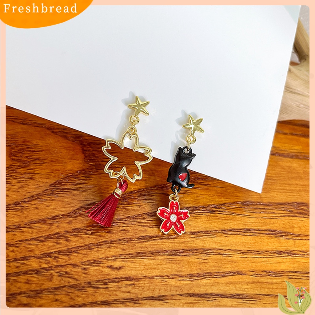 &lt; Freshbread &gt; 1pasang Drop Earrings Kartun Asimetris Electroplating Liontin High Gloss Hiasan Telinga Tahan Luntur Fashion Wanita Anak Bunga Telinga Kucing Studs Untuk Pakaian Sehari-Hari