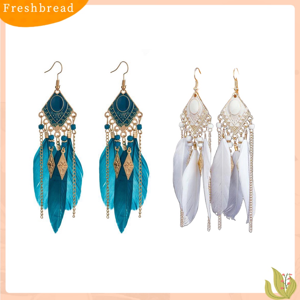 &lt; Freshbread &gt; 1pasang Anting Kait Bohemian Tetes Minyak Geometris Persegi Panjang Liontin Temperamen Dekorasi Elegan Bulu Buatan Rumbai Menjuntai Anting Aksesoris Kostum