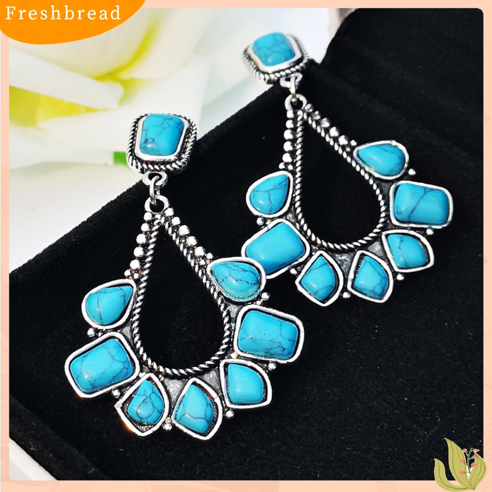 &lt; Freshbread &gt; Ladies Faux Turquoise Hias Teardrop Drop Stud Anting Pernyataan Perhiasan Hadiah