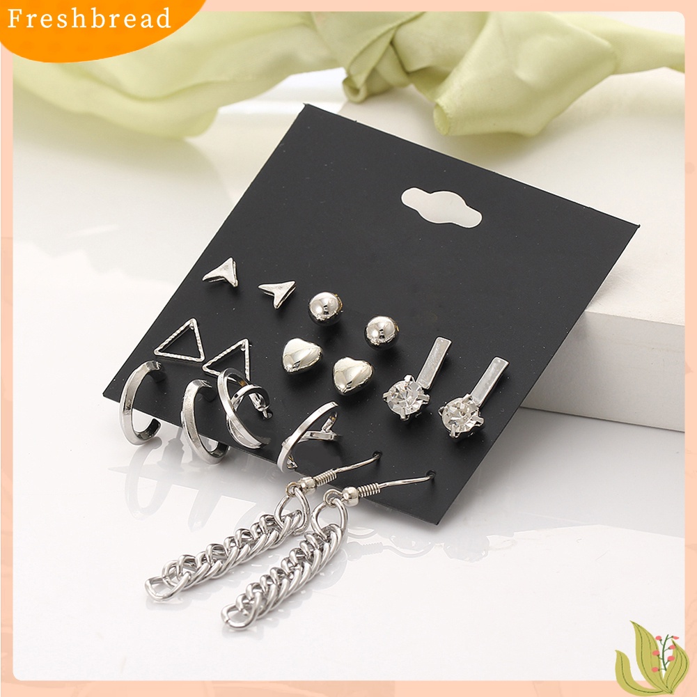 &lt; Freshbread &gt; 9pasang Fashion Wanita Berlian Imitasi Hati Bentuk Segitiga Ear Stud Hook Earrings