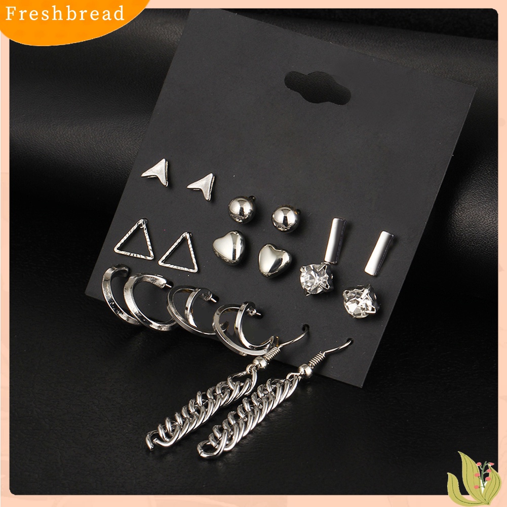 &lt; Freshbread &gt; 9pasang Fashion Wanita Berlian Imitasi Hati Bentuk Segitiga Ear Stud Hook Earrings