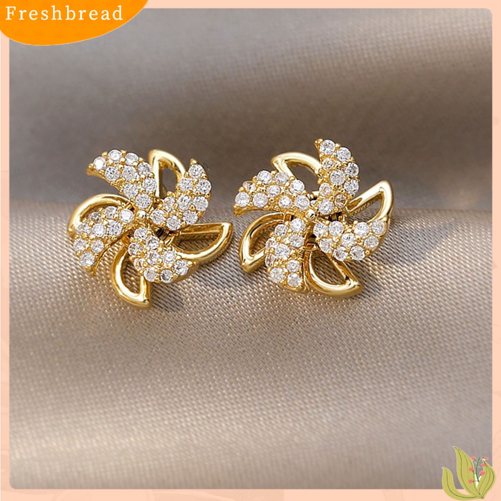 &lt; Freshbread &gt; Ear Studs Rotating Windmill Shape Rhinestone Gaya Korea Shiny All Match Stud Earrings Aksesoris Perhiasan