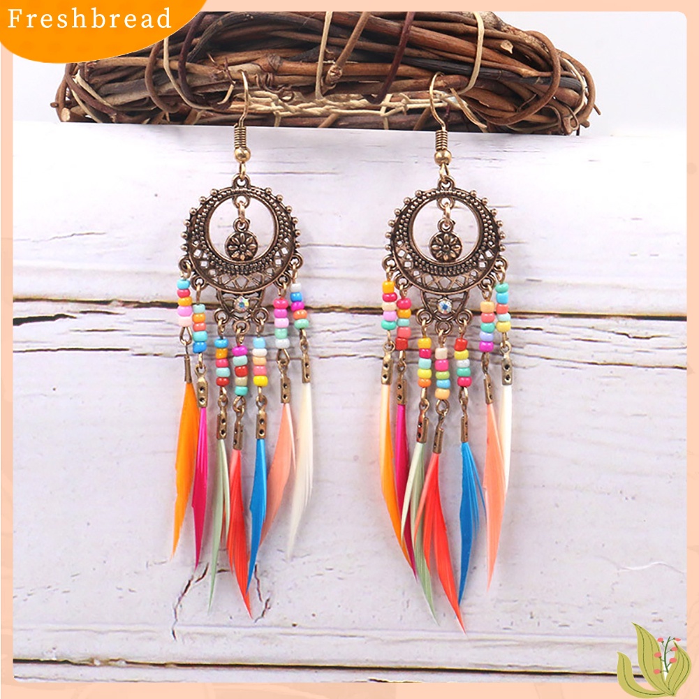 &lt; Freshbread &gt; Boho Wanita Berongga Ukir Lingkaran Bulu Rumbai Menjuntai Kait Anting Perhiasan