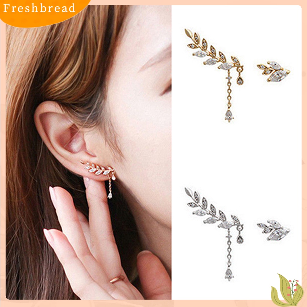 &lt; Freshbread &gt; Ear Studs Asimetris Anti Karat Wanita Daun Berlian Imitasi Anting Rumbai Untuk Pernikahan