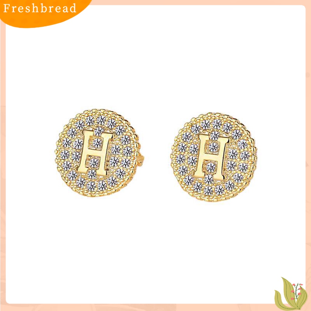 &lt; Freshbread &gt; 1pasang Ear Studs Round Cool Golden/Silver Color Mini Sparkling Rhinestone H Huruf Wanita Anting Perhiasan Fashion