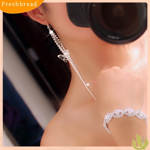 &lt; Freshbread &gt; Wanita Berongga Kupu-Kupu Berlian Imitasi Jumbai Panjang Rantai Kait Menjuntai Anting Linear