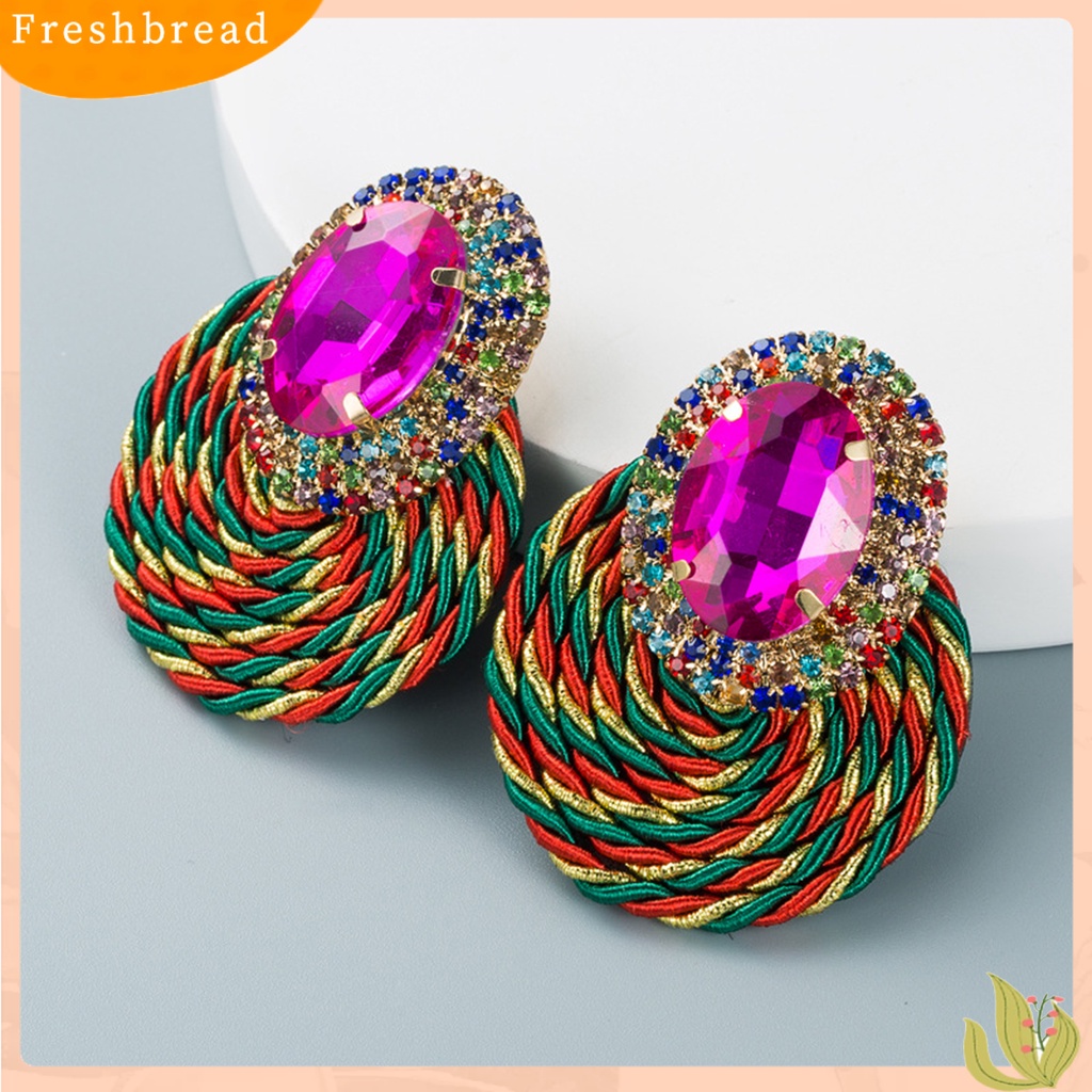 &lt; Freshbread &gt; 1pasang Anting Menjuntai Warna-Warni Berlian Imitasi Perhiasan Rajut Tangan Shiny Geometric Round Stud Earrings Untuk Pacaran