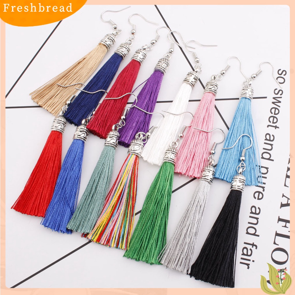 &lt; Freshbread &gt; 1pasang Anting Kait Bohemian Artistik Benang Katun Fringe Desain Menjuntai Anting Aksesoris Telinga