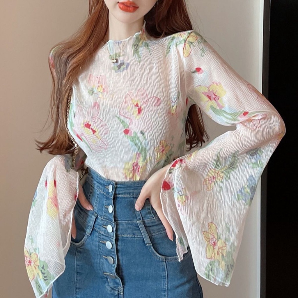 [ COD✅ ] Aroana blus wanita Retro Bunga Lipit Lengan Terompet Lengan Panjang Seksi Top Pendek Wanita