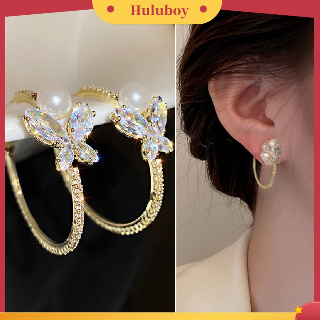 {Ready Stock} 1pasang Anting Pejantan Mutiara Imitasi Berlian Imitasi Bertatahkan Fashion Perhiasan Kupu-Kupu Berbentuk C Anting Tindik Wanita Perhiasan