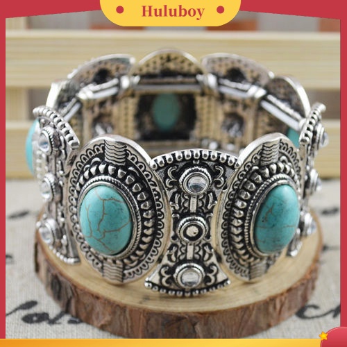 {Ready Stock} Retro Hadiah Wanita Oval Pirus Ukir Tibet Bangle Gelang Boho Perhiasan