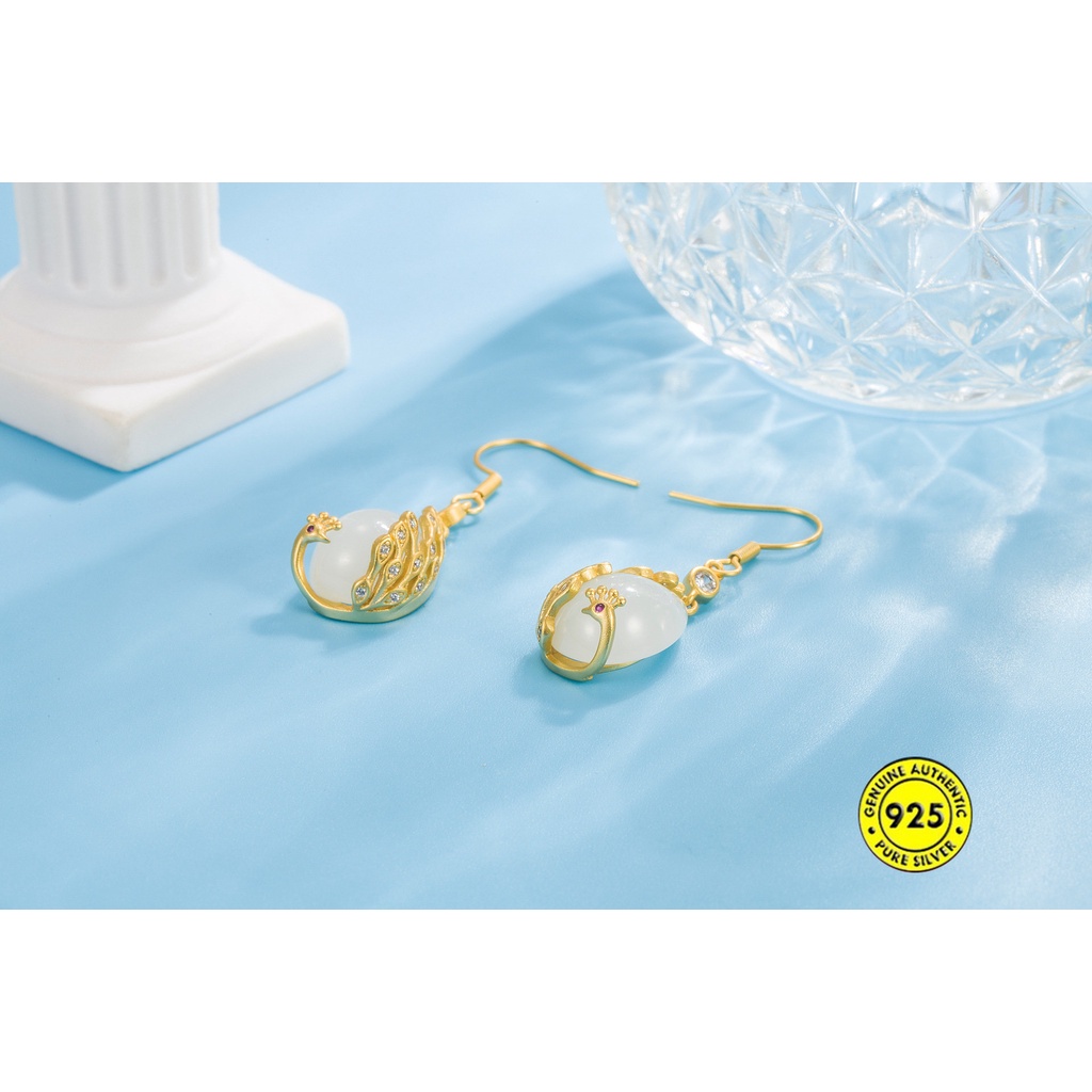 Anting Giok Hetian Merak Retro Pengadilan Gaya China Lama Tidak Luntur U1225