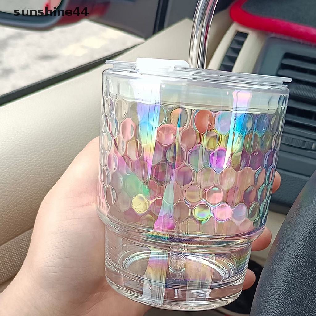 Sunshine Gelas Kaca 400ML Iridescent Dengan Tutup Straw Beer Juice Milk Tea Glass Cups ID