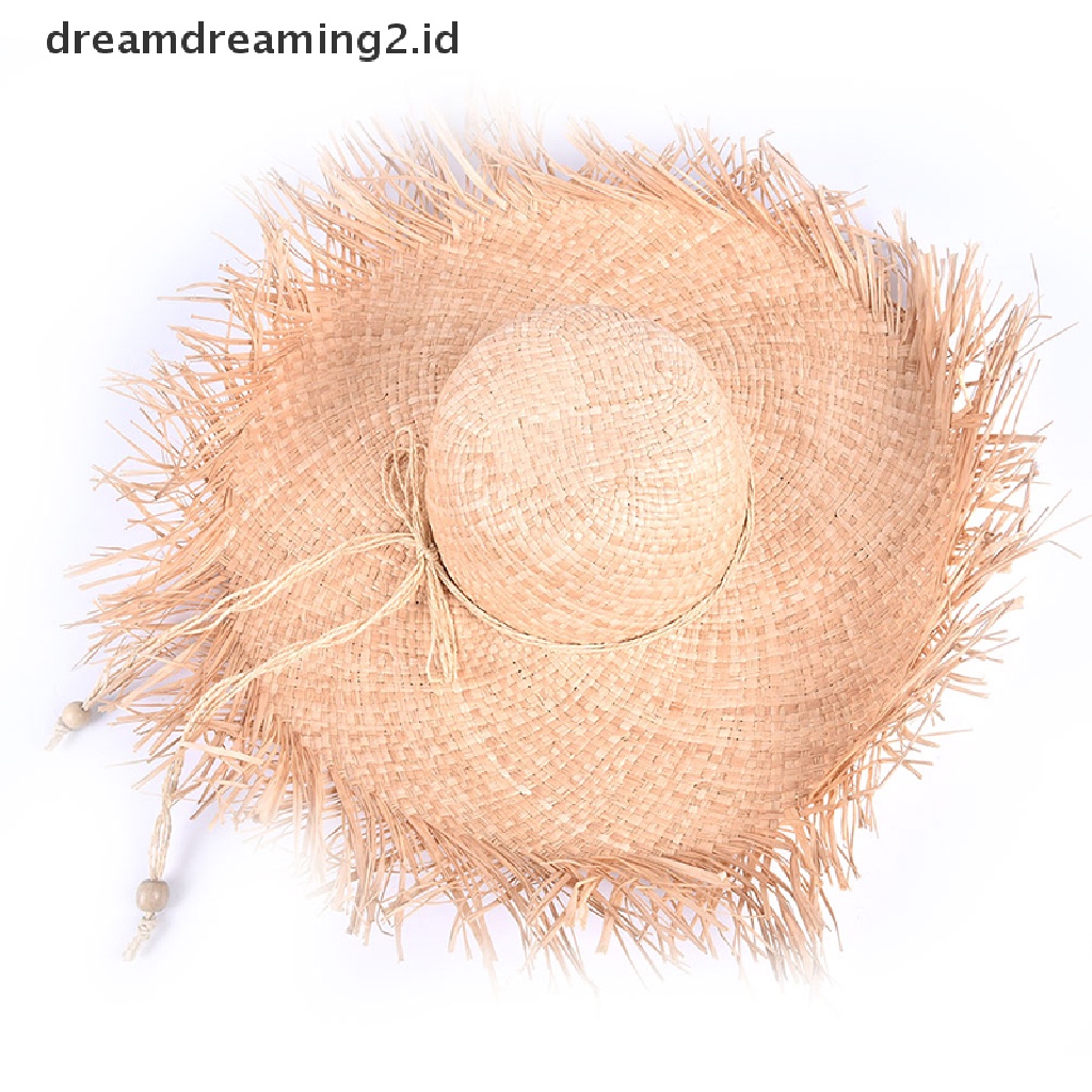 (hot) Topi Matahari Jerami Wanita Pinggiran Lebar Besar Natural Raffia Panama Topi Pantai Liburan//