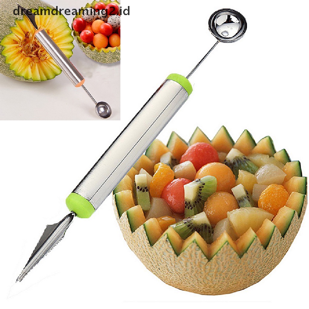 (hot) New Stainless Steel Ice Cream Double-End Scoop Spoon Melon Baller Cutter Buah Sendok Scoop Ice Cream Melon Buah Stainless Steel Baru Melon Baller Pemotong Ukir Stainle Panas