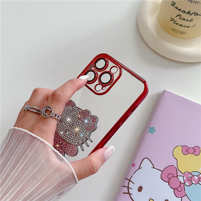 Casing Ponsel hello kitty Kristal Mengkilap Mewah Kompatibel Untuk iphone11 12 13 14PROMAX X XS XR XSMAX 14Pro Dengan film Pelindung Lensa shockproof back cover casing