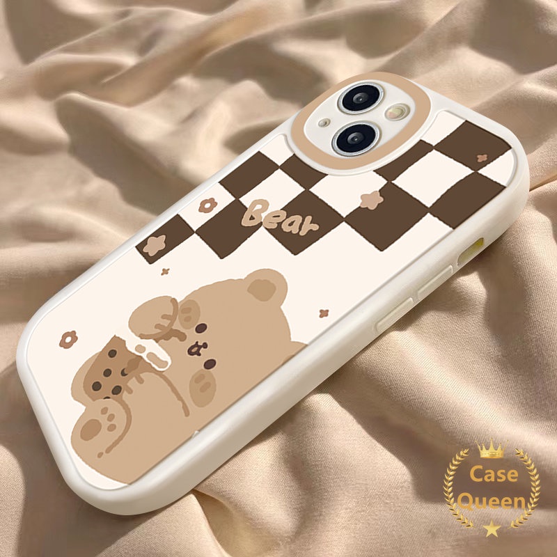 IPHONE Indah Lucu Kartun Beruang Teh Susu Pola Papan Catur Casing Ponsel Anti Jatuh Kompatibel Untuk Iphone6 7 6s 8plus XS XR Max X11 12 14 13 Pro Max SE 2020 Lembut Tpu Cover