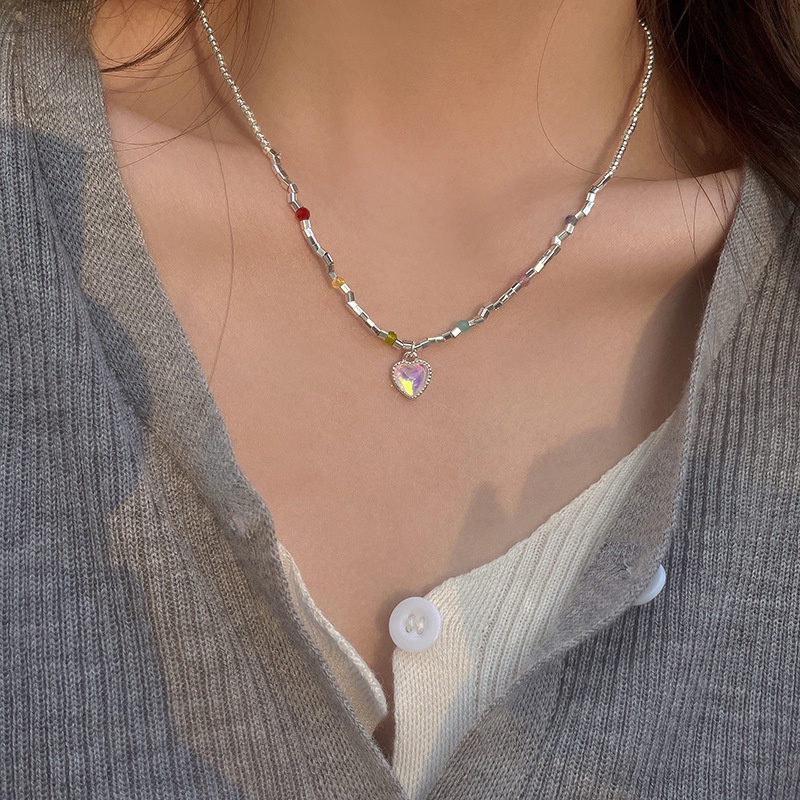Kami Bunga Korea s925 Perak Pelangi Manik-Manik Moonstone Jantung Liontin Kalung Untuk Wanita Gadis Liburan Musim Panas Warna-Warni Manik-Manik Pesona Tulang Selangka Rantai Kalung Perhiasan Aksesoris
