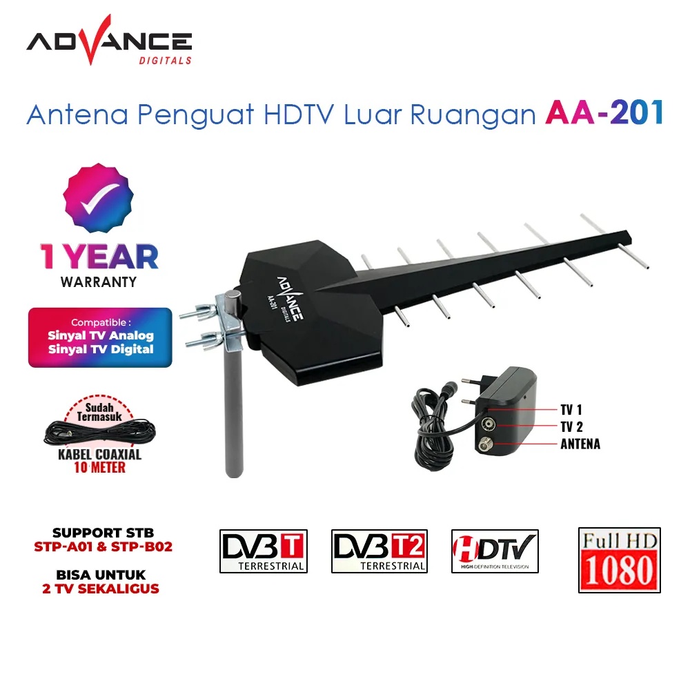 ADVANCE Antena Outdoor TV Digital Analog UHF DVD-T2 Include Kabel 10M DVB-T2 / Antena HDTV AA-201 Bisa Untuk STB dan Tv Dengan Booster