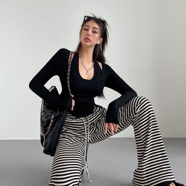 Red LRUPPG Hati-hati Mesin Keinginan Murni Gadis Panas Menggantung Leher Lengan Panjang T-shirt Wanita Slim Pendek Kemeja Dua Potong top