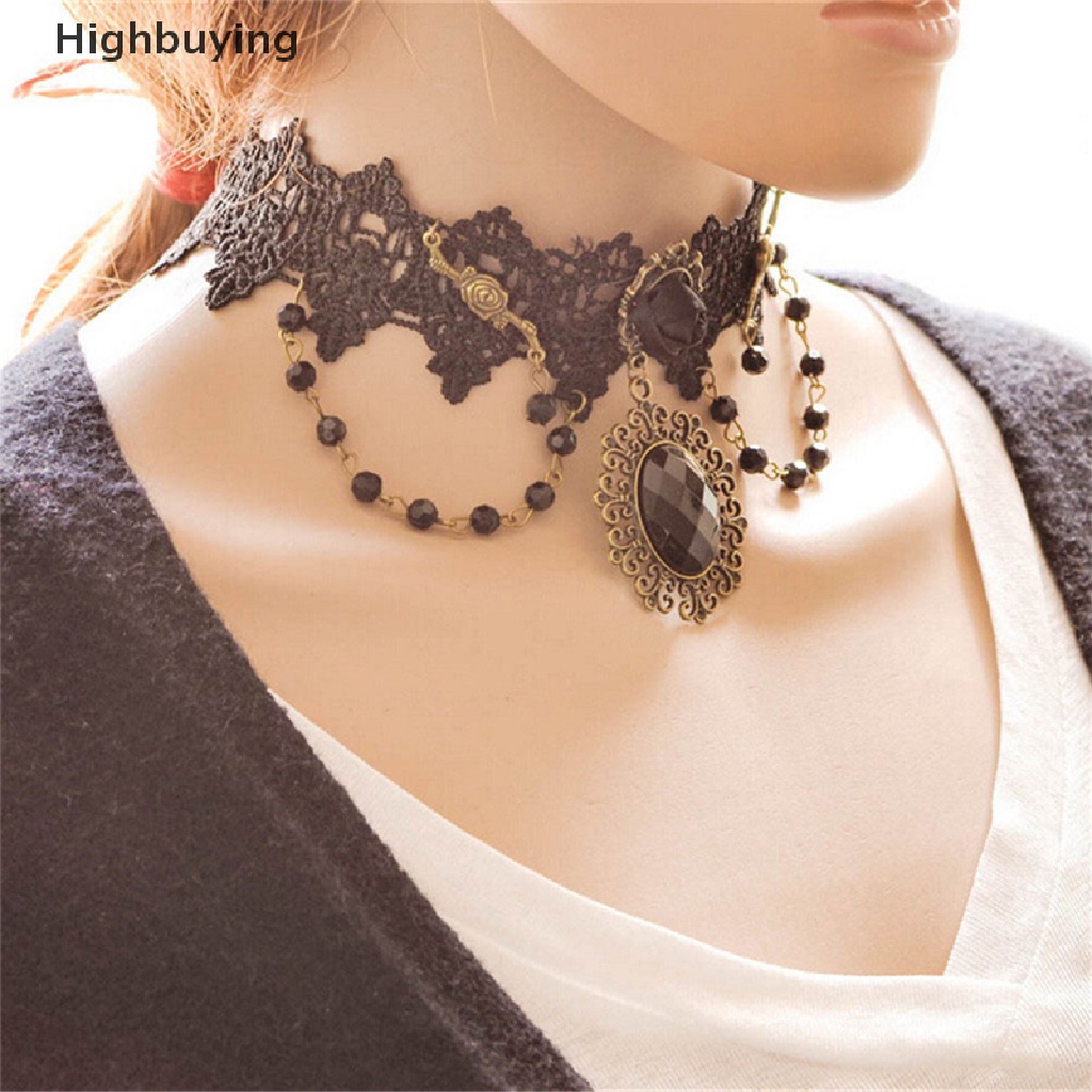 Hbid Fashion Lolita Gothic Hitam Bunga Mawar Renda Choker Kerah Kalung Beads Chain Glory