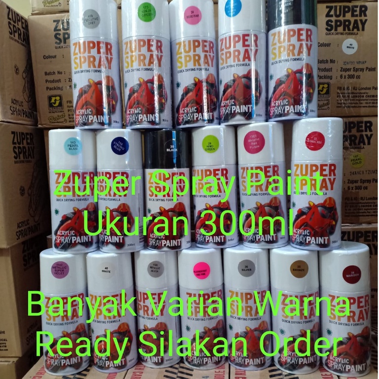 Zuper Spray Paint Pilok Pilox Cat Semprot Warna Standard 300ml Hitam, Clear, Putih, Hijau, Merah, Biru, Silver Ready Banyak Warna (300cc)