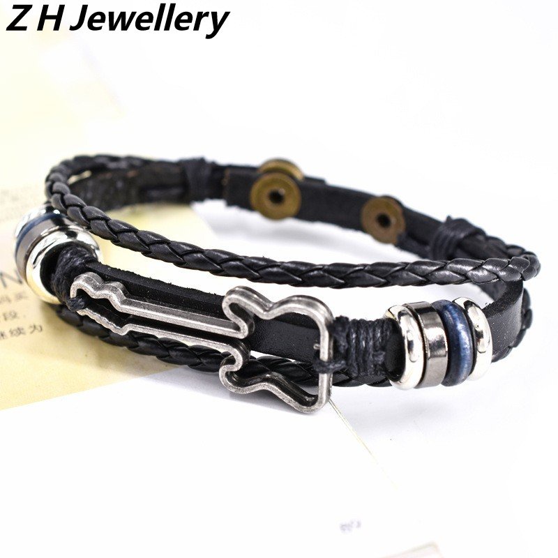 [Z H Perhiasan] Vintage Alat Musik Gelang Kulit Pria Dan Wanita Fashion Stainless Steel Multilayer Manik-Manik PU Rajutan Gelang Punk Pesta Rock Perhiasan Aksesoris