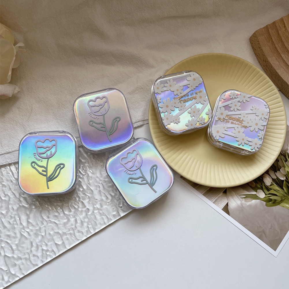 Square Ins Daisy/Tulip Pupil Care Box Kotak Penyimpanan Lensa Kontak Laser Mini Portable Dengan Cermin