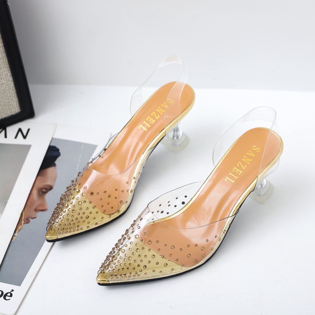 0001 Sanzeil Diamond Heels Transparant 7cm 3cm Heels Pesta Kaca