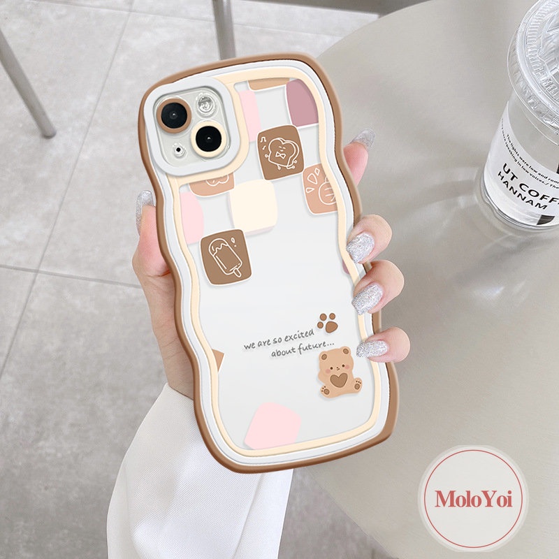 IPHONE Casing Ponsel Kompatibel Untuk Iphone11 6s 7 8 6 14 Plus 13 14 12 Pro MaxX 7Plus XR XS Max SE 2020 Lucu Kartun Beruang Pasangan Wavy Edge Soft Tpu Plaid Ice Cream Cover