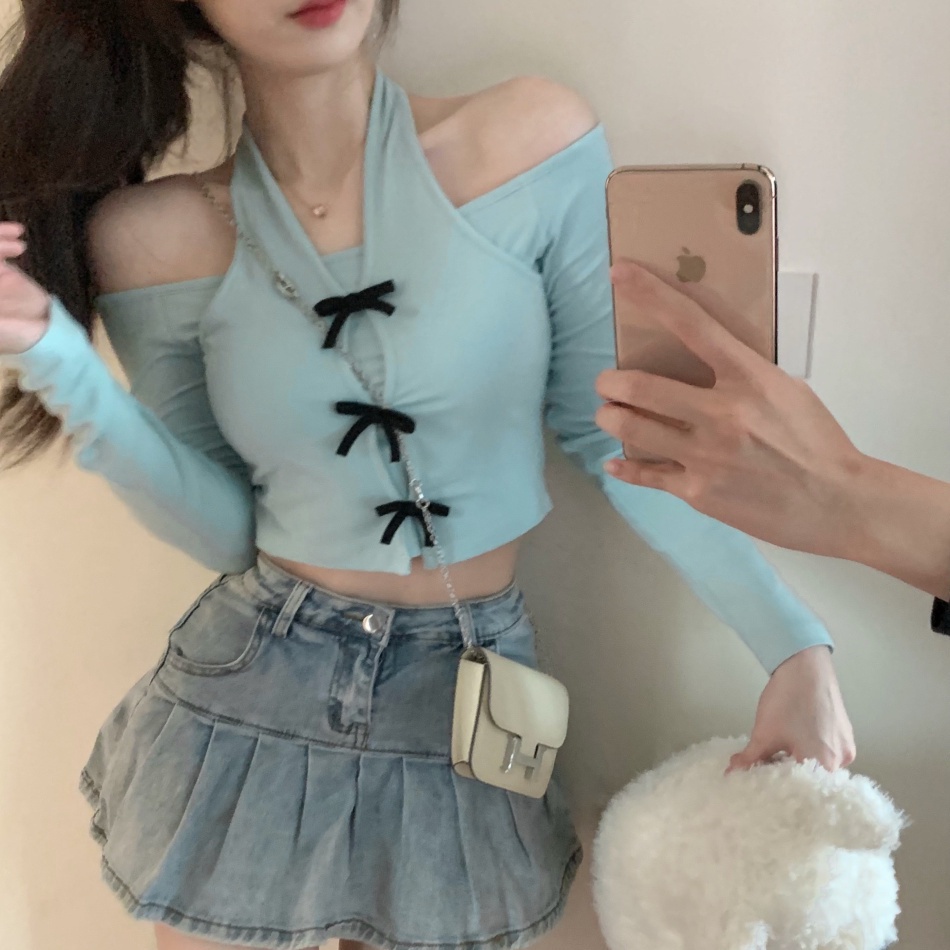 Red Gaya keinginan murni manis satu bahu menggantung leher top wanita musim panas pendek off-the-shoulder ceruk gaya asing in ramping lengan panjang T-shirt