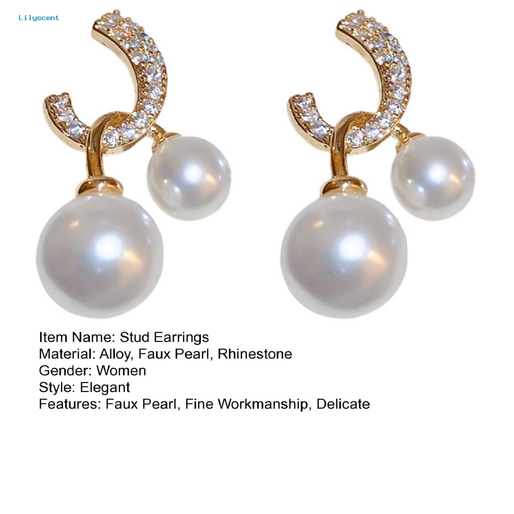 Lilyscent 1pasang Padat Wanita Anting Fashion Perhiasan Mempesona Berlian Imitasi Stud Earrings Dual Faux Pearls