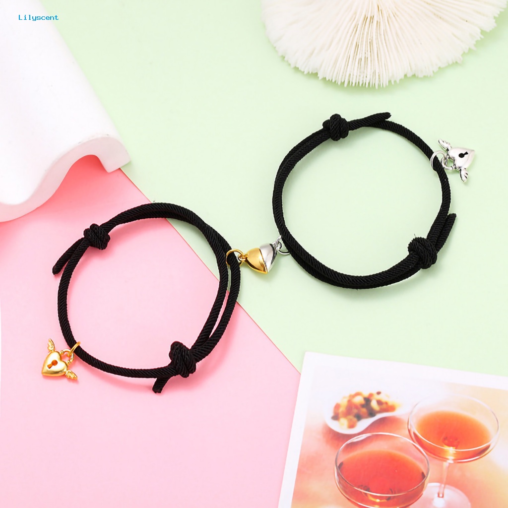 Lilyscent 1pasang Gelang Pasangan Elastis Aksesori Perhiasan Berbentuk Hati Jarak Magnet Atraksi Bracelets Nylon Hand Strap