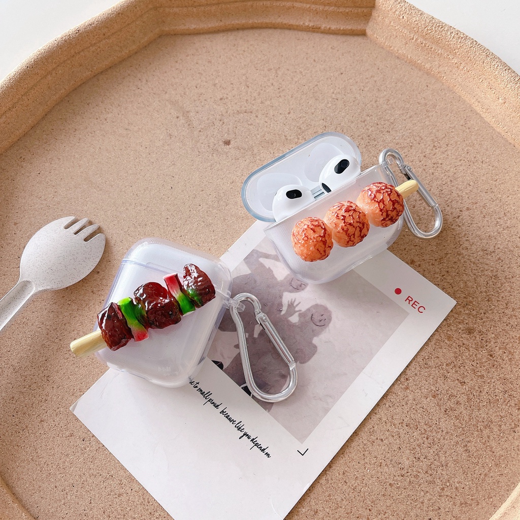 Makanan Imitasi 3D Barbeque Bakso Lucu Bluetooth Earphone Penutup Pelindung TWS Case Transparan Untuk Airpods1 2 3 PRO Airpods3