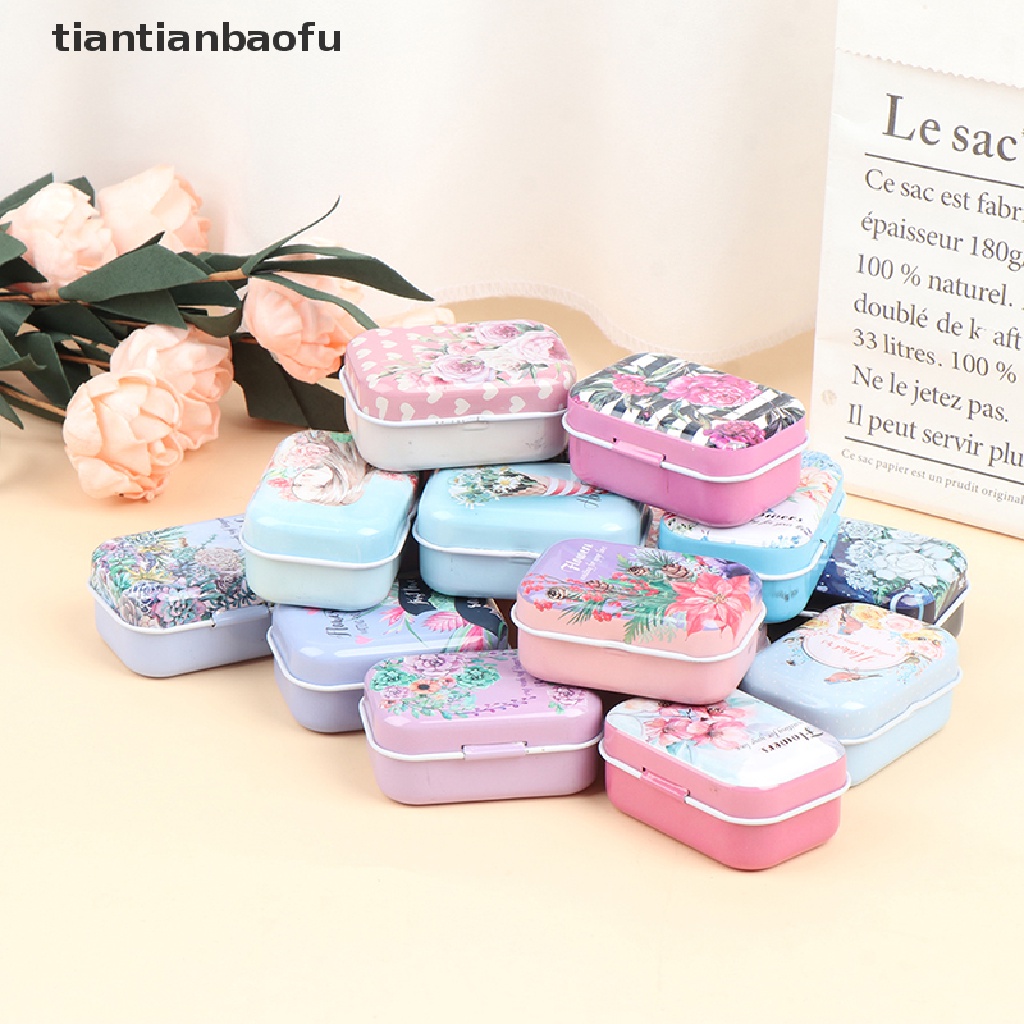 [tiantianbaofu] 1 * Mini Bunga Tin Trinket Perhiasan Kotak Koin Tempat Penyimpanan Tinplate Rectangul Kecil Butik